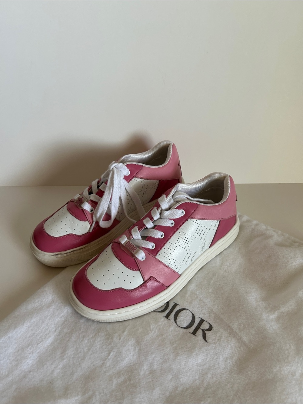 Dior White and Pink Low-Top Leather Sneakers